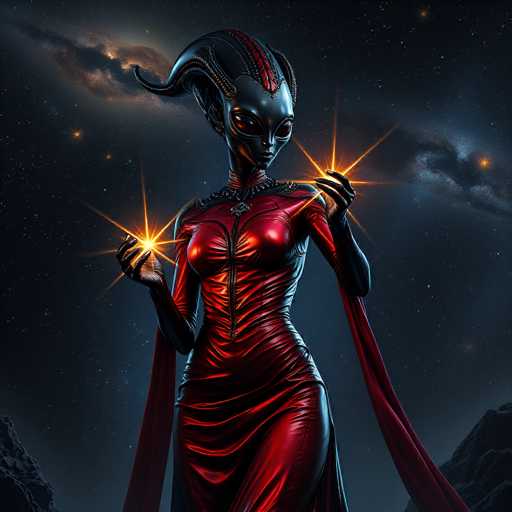 A strikingly beautiful, alien figure with black, ornate headwear and a flowing red dress stands amidst a dark, starry backdrop. She holds glowing, golden orbs in her hands, radiating an otherworldly energy. The art style is a blend of fantasy and science fiction, with a focus on dramatic lighting and detailed textures.