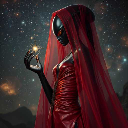 A strikingly beautiful, dark-skinned alien figure with a red gown and flowing veil holds a glowing star in their outstretched hand. The scene is set against a backdrop of a starry, nebula-filled sky and distant mountains, rendered in a digital art style with a focus on dramatic lighting and ethereal textures.