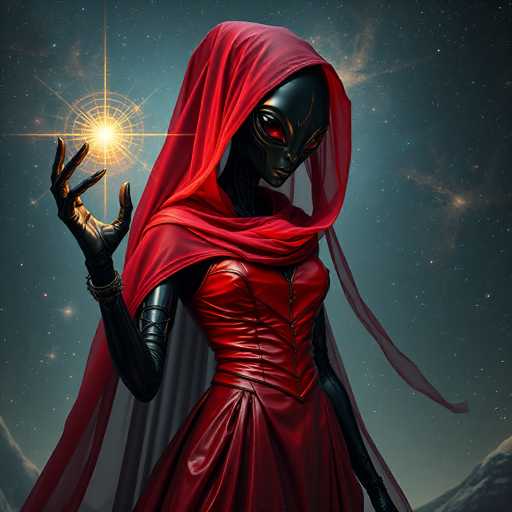 A mysterious, dark-skinned figure with glowing eyes and a red cloak holds a radiant, golden orb in their outstretched hand. The art style is digital painting with a cosmic, ethereal feel, set against a backdrop of a starry night sky. The figure's elegant, form-fitting dress enhances the otherworldly atmosphere.