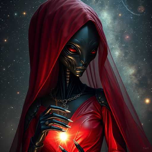 A dark, metallic alien figure with glowing red eyes and a crimson hooded cloak holds a radiant, glowing orb in its hands. The figure's sleek, robotic form is set against a backdrop of a starry, cosmic sky, emphasizing a mysterious and otherworldly atmosphere. The art style is digital painting with a focus on dramatic lighting and intricate details.