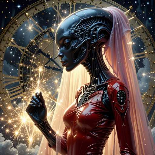 A futuristic, chrome-skinned android in a red gown and pink veil gazes at a glowing clock face adorned with stars. The spatial relationship places the android centrally, bathed in radiant light emanating from her hand and the clock. The art style is a blend of digital painting and detailed mechanical design, creating a fantastical, ethereal atmosphere.