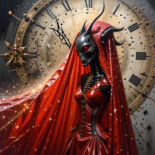 The image depicts a woman with red hair and a red dress standing in front of a large clock that is adorned with gold stars and has black hands and numbers. The woman appears to be wearing a mask or costume, adding an air of mystery to the scene.