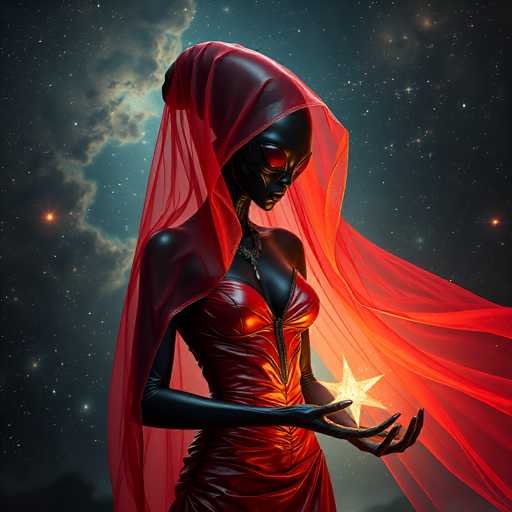A dark, humanoid figure with glowing red eyes and a crimson, flowing cloak holds a radiant, star-like object in their outstretched hands. The figure's sleek, black form contrasts with the vibrant red of the cloak and the glowing star against a backdrop of a starry, cosmic sky. The art style is digital fantasy, emphasizing dramatic lighting and ethereal textures.