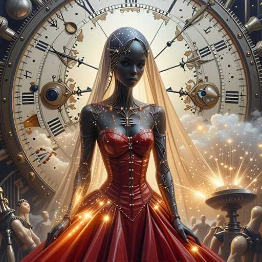 A woman in a red, steampunk-inspired gown stands centrally beneath a massive, ornate clock face. She's surrounded by glowing sparks and figures in mechanical armor, all bathed in a warm, ethereal light. The art style is highly detailed and fantastical, blending clockwork elements with a futuristic aesthetic.