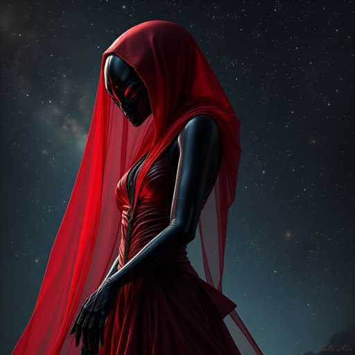 The image depicts a woman wearing a red dress and a hooded cape against the backdrop of a starry night sky. The woman is positioned centrally in the frame, with her gaze directed downwards towards the ground.