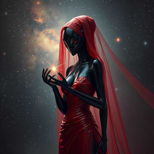 A sleek, black alien figure with glowing red eyes and a flowing red veil holds a sparkling, golden orb in its hands. The figure is positioned against a dark, starry backdrop with hints of nebula-like clouds, rendered in a digital art style emphasizing smooth, dark surfaces and soft lighting.