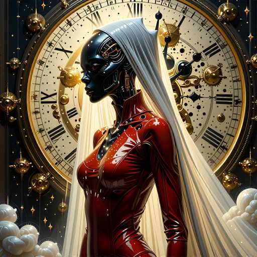 A futuristic, metallic woman with a flowing white veil stands in front of a large, ornate clock face. The art style is highly detailed and digital, emphasizing intricate mechanical elements and a blend of technological and ethereal aesthetics. The woman's sleek red suit contrasts with the golden clock, creating a visually striking composition.