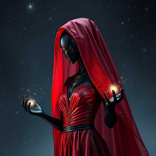 A mysterious, dark-skinned figure in a flowing red gown and hood holds glowing golden orbs in their hands. The art style is digital painting, with a focus on dramatic lighting and a cosmic backdrop of stars. The figure's spatial position is central, emphasizing their enigmatic presence against the dark, starry space.