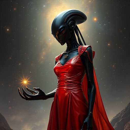 A slender, humanoid alien figure with a sleek black body and red dress holds a glowing golden orb in its outstretched hands. The alien's head is smooth and bulbous, with large black eyes. A red cape drapes from its shoulders, and the background is a dark, starry space with distant mountains. The art style is futuristic and ethereal.