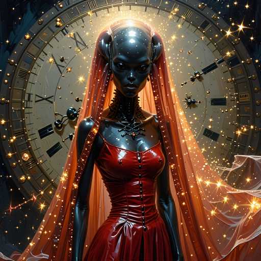 A sleek, dark-skinned alien figure in a red dress stands centrally against a large, ornate clock face. The art style is digital painting with a focus on dramatic lighting and glowing particles, creating an otherworldly, ethereal atmosphere. The figure's head is adorned with antenna-like structures and a flowing orange veil, emphasizing a futuristic aesthetic.