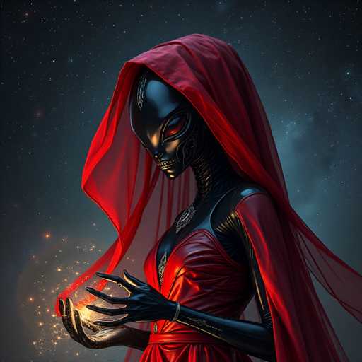 A dark, humanoid figure with glowing red eyes and a black, textured body holds a glowing orb of light in their hands. A flowing red cloak drapes around them, partially obscuring a silver, ornate collar. The art style is digital painting with a focus on dramatic lighting and a cosmic, ethereal atmosphere against a starry backdrop.