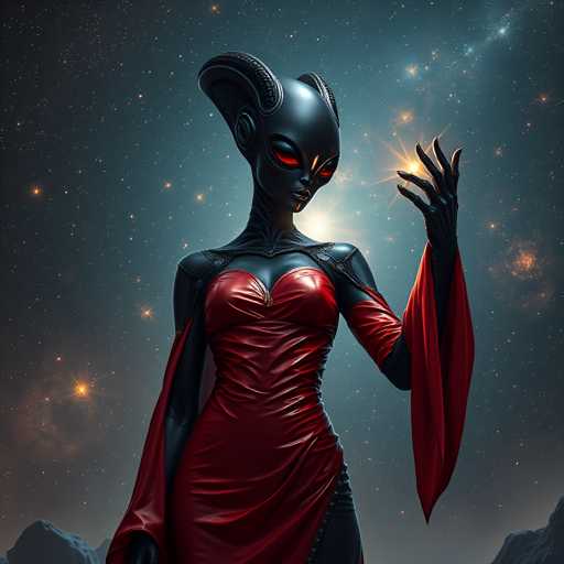 A woman with red hair and a black dress stands against a backdrop of stars and planets, holding a star above her head.