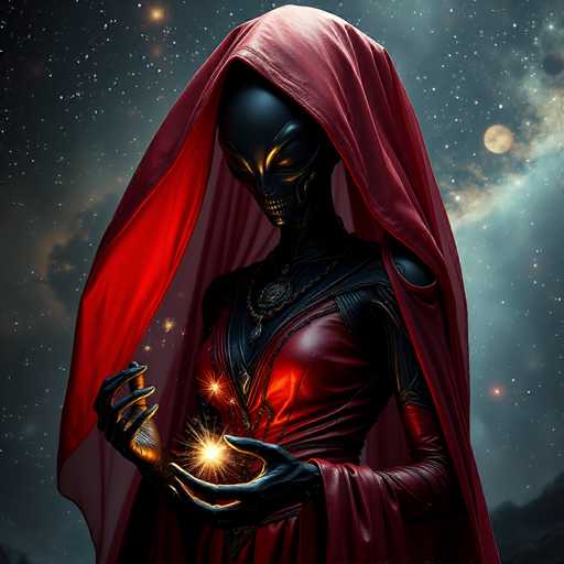 A mysterious, dark-skinned figure with a skull-like face and glowing golden eyes is holding a small, radiant orb of light in their hands. They are draped in a flowing red cloak and adorned with intricate, dark metallic details. The figure is positioned against a backdrop of a starry night sky, with a soft, ethereal glow emanating from the orb they hold. The overall style is fantastical and otherworldly, with a focus on dramatic lighting and intricate textures.