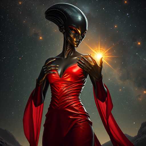 A strikingly beautiful, humanoid alien figure with a sleek black body and glowing red eyes stands amidst a starry, cosmic backdrop. She wears a vibrant red, form-fitting dress with flowing sleeves and holds a radiant, golden light in her outstretched hands. The art style is futuristic and ethereal, emphasizing a sense of otherworldly elegance.