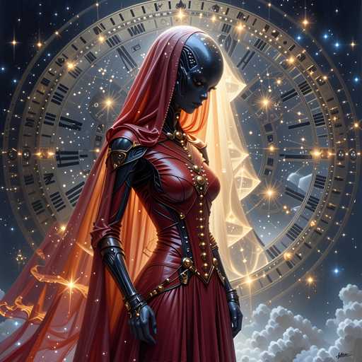 The image depicts a woman with a red dress and black hair standing against the backdrop of a large circular clock that is surrounded by stars. The woman appears to be gazing off into space or contemplating something beyond the frame.