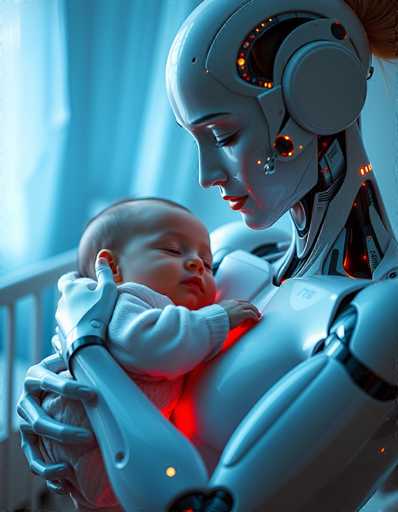 A serene, close-up image depicts a humanoid robot gently holding a sleeping baby in a cradle. The art style is futuristic and digital, with soft blue lighting highlighting the smooth, metallic texture of the robot's form and the delicate features of the baby. The spatial relationship emphasizes intimacy, with the robot cradling the infant in a tender embrace.