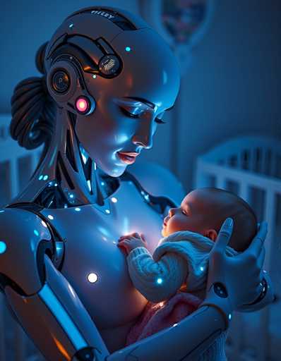 A serene, futuristic scene depicts a sleek, silver android gently cradling a sleeping infant in a baby crib. The art style is digital painting with soft, cool blue lighting highlighting the robot's smooth surface and the baby's peaceful face. The spatial relationship emphasizes intimacy, with the robot's hands cradling the child securely.