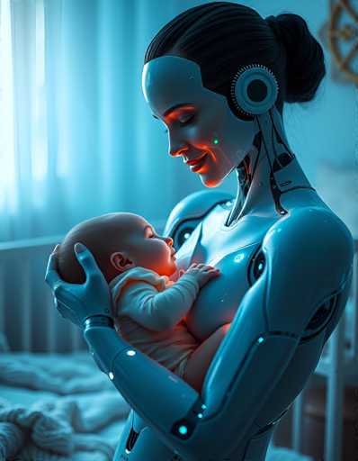 A serene, futuristic scene depicts a humanoid robot tenderly holding a sleeping infant. The robot's smooth, blue body contrasts with the soft, glowing orange glow emanating from the baby's chest. The spatial relationship is intimate, highlighting a gentle embrace in a softly lit room with a blurred background, showcasing a blend of technology and nurturing. The art style is digital and dreamlike.