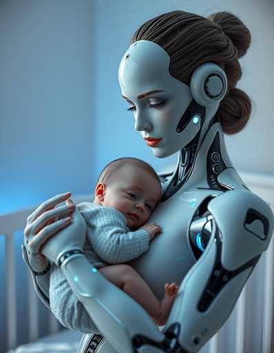 A serene, futuristic scene depicts a sleek, silver android gently cradling a sleeping baby in a white crib. The art style is photorealistic, emphasizing soft lighting and detailed textures of the robot's smooth surface and the baby's soft blanket. The focus is on a tender, intimate moment of care between the humanoid robot and the infant.