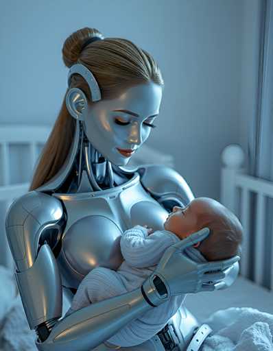 A serene, futuristic scene depicts a silver android-like figure tenderly holding a sleeping infant in a softly lit room. The focus is on the gentle interaction, with the android's metallic hands cradling the baby's head. The art style is a blend of realistic and slightly stylized, emphasizing smooth surfaces and soft lighting to evoke a sense of calm.