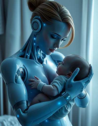 A woman dressed as a robot cradling a baby in her arms against a blue background with white curtains and a window.