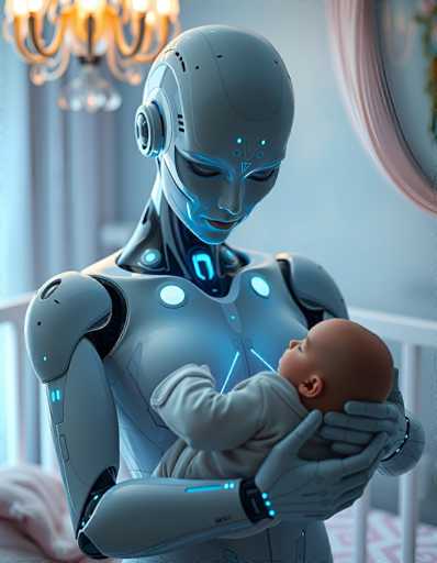 A serene, futuristic scene depicts a sleek, silver robot tenderly holding a sleeping baby in a crib. The art style is digital painting with soft, glowing blue accents highlighting the robot's features and the baby's skin. The spatial relationship emphasizes intimacy, with the robot cradling the infant in a gentle embrace within a softly lit nursery.