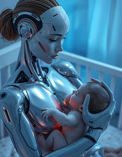 A serene, futuristic scene depicts a sleek, silver robot gently holding a sleeping baby in a crib. The art style is photorealistic, emphasizing soft lighting and metallic textures. The robot's face displays a tender expression as it cradles the infant, creating a heartwarming and intimate moment.