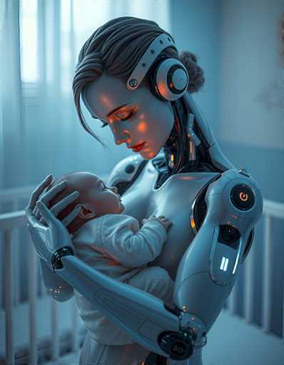 A serene, futuristic scene depicts a humanoid robot tenderly holding a sleeping infant in a crib. The art style is highly detailed and realistic, with soft lighting emphasizing the gentle interaction between the robot's metallic form and the baby. The focus is on intimacy and a calm, almost ethereal atmosphere.
