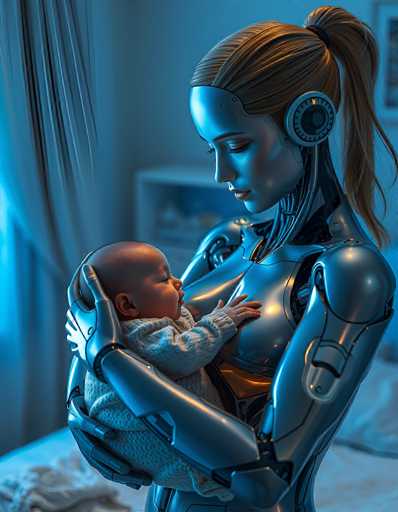 A serene, futuristic scene depicts a humanoid robot gently cradling a sleeping newborn baby. The metallic figure's smooth, silver form contrasts with the soft, delicate texture of the baby's blanket. The art style is photorealistic, emphasizing a calm and intimate moment between technology and life.