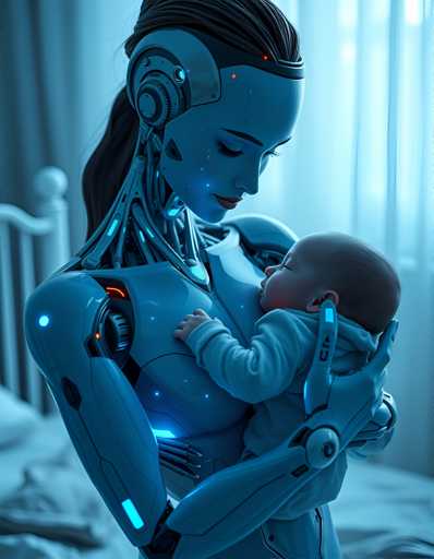 A woman holding a baby dressed in blue and white clothing with a robot-like appearance.