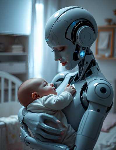 A photorealistic image of a humanoid robot holding a baby in a bedroom. The robot has a smooth, silver metallic body with glowing blue accents on its head and neck. It's holding the baby gently in its arms, cradling the infant’s head with one hand and supporting its body with the other. The baby is wearing a white onesie and looks peaceful, gazing up at the robot with wide eyes. The background is softly blurred, showing a cozy bedroom setting with a white crib and soft lighting. The overall mood is serene and futuristic, highlighting the gentle interaction between the robot and the baby.