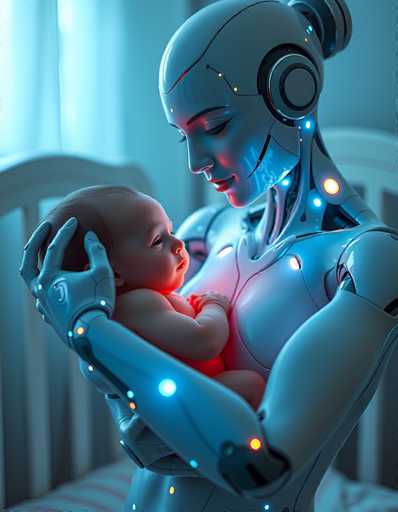 A serene, futuristic scene depicts a humanoid robot tenderly holding a sleeping infant. The focus is on the gentle interaction, with soft blue and red lighting highlighting the baby's peaceful expression and the robot's caring posture. The art style is a blend of realistic detail and a slightly stylized, digital aesthetic.