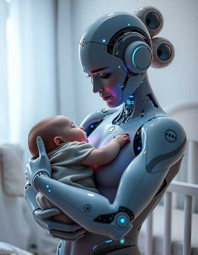 A serene, futuristic scene depicts a humanoid robot tenderly holding a sleeping baby. The robot's smooth, silver form contrasts with the soft, delicate curves of the infant. Soft blue lighting highlights the intimate embrace, emphasizing a gentle, almost ethereal atmosphere. The art style is digital illustration with a focus on detailed textures and subtle lighting effects.