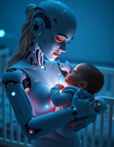 A serene, futuristic scene depicts a sleek, white robot gently holding a sleeping baby in a dimly lit nursery. The art style is digital illustration with soft, glowing blue and orange accents, emphasizing a tender, intimate moment. The robot's face is serene, with glowing red eyes, and the baby appears peaceful in its arms.