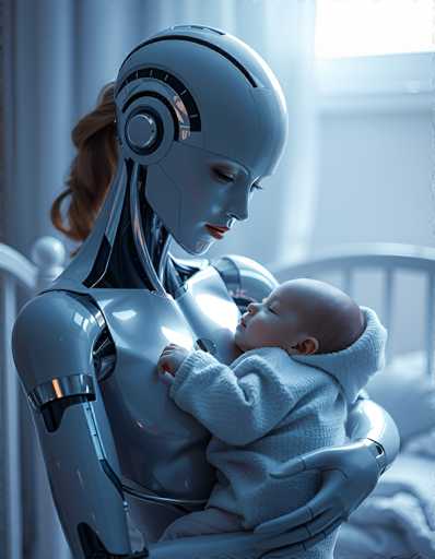 A serene, futuristic scene depicts a sleek, silver robot gently holding a sleeping baby in a white crib. The art style is photorealistic, emphasizing soft lighting and a calm, intimate atmosphere. The robot's head is tilted down, its face expressing tenderness as it cradles the infant.