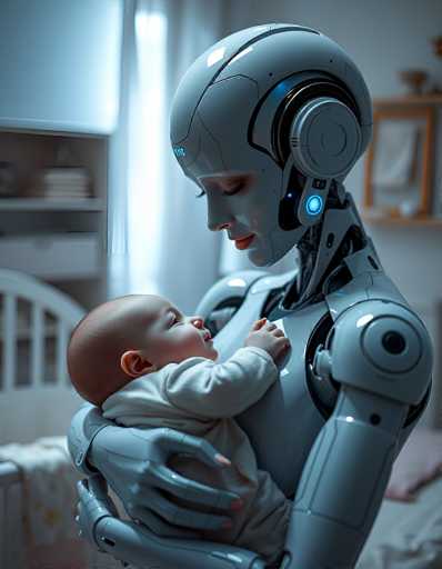 A serene, futuristic scene depicts a humanoid robot tenderly holding a sleeping infant. The close-up focuses on the gentle interaction, with the robot's smooth, silver form contrasting with the soft, pale skin of the baby. The art style is photorealistic, emphasizing a calm and intimate moment in a softly lit room.