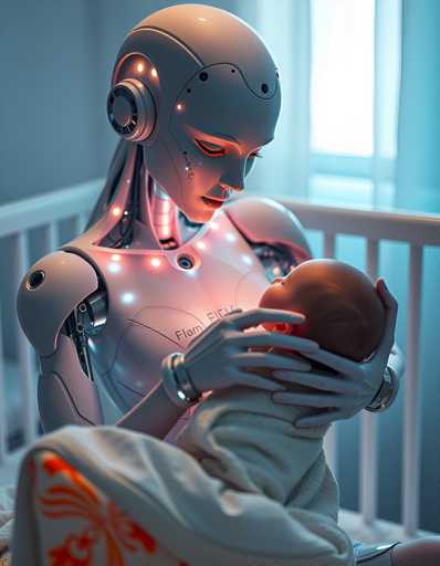 A robot is holding a baby on its left arm and gently rocking the baby with its right hand while wearing headphones that have a light blue color. The background of the image shows a window with white blinds.