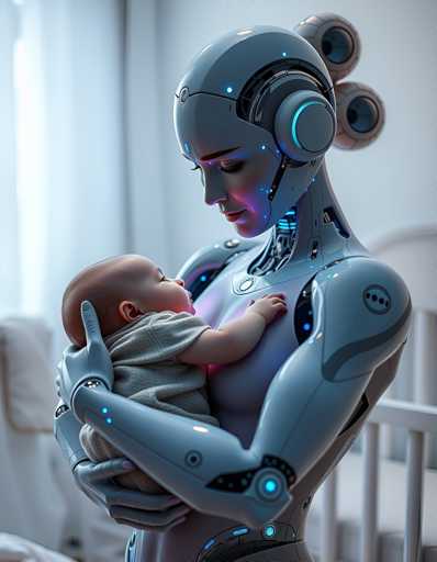 A woman holding a baby wrapped in a gray blanket and wearing a white helmet with blue lights on it.