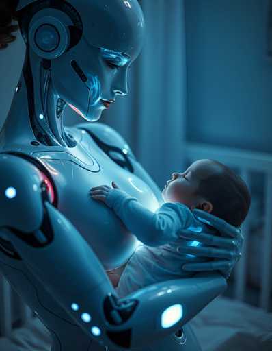 A serene, futuristic scene depicts a sleek, blue humanoid robot tenderly holding a sleeping infant. The focus is on the intimate embrace, with soft blue lighting highlighting the robot's smooth, metallic form and the baby's peaceful face. The art style is a blend of realistic detail and a slightly ethereal, digital aesthetic.