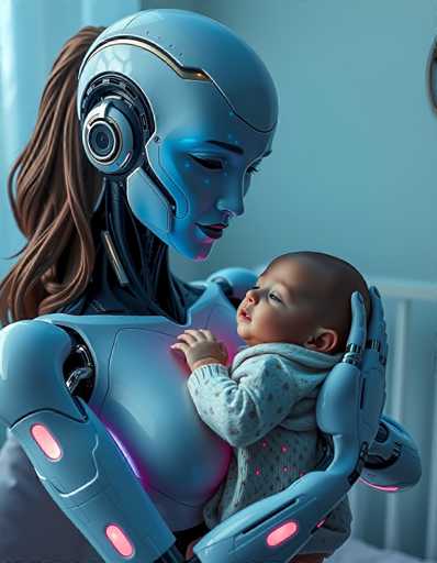 A serene, futuristic scene depicts a sleek, blue humanoid robot tenderly holding a sleeping infant. The robot's face is gentle, with soft pink glowing accents, while the baby rests peacefully in its arms. The art style is a blend of realistic and stylized digital art, emphasizing smooth curves and soft lighting in a calming bedroom setting.