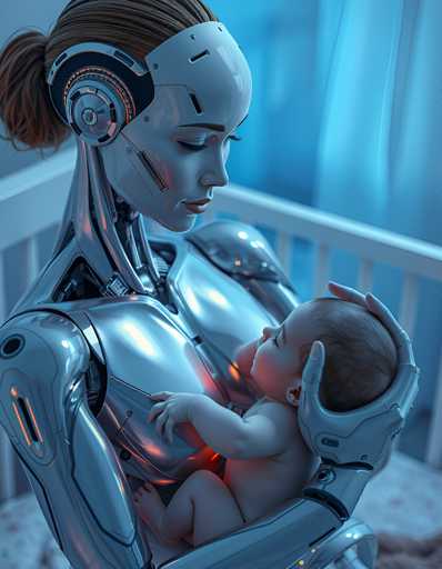 A woman wearing headphones cradling a baby in her arms against a blue background with white curtains and a window.