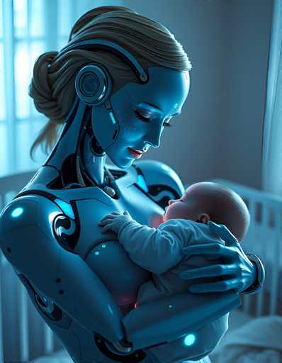 A serene, futuristic scene depicts a blue, humanoid robot tenderly holding a sleeping baby in a cradle. The art style is digital painting with soft, cool lighting emphasizing the robot's gentle expression and the baby's peaceful slumber. The spatial relationship highlights a moment of care and connection between the artificial and organic.