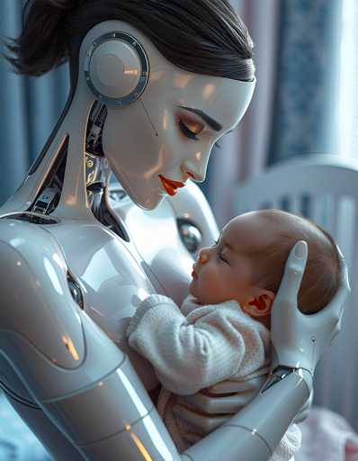 A mother robot cradling her baby in a white sweater and holding the baby's head with one hand while using the other hand to hold the baby's feet.