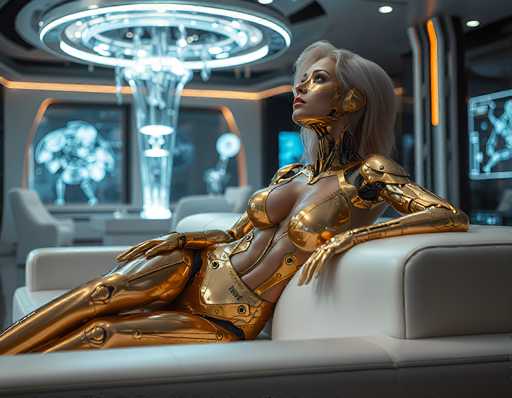 A gleaming golden android reclines on a plush white couch in a futuristic, dimly lit space. The scene is bathed in soft neon light, with holographic displays and sleek metallic details creating a high-tech ambiance. The android's pose is relaxed, with one arm resting on the couch and the other draped over its knee. 

**Art Style:** Cyberpunk, futuristic, digital art.
