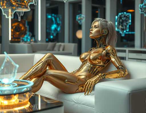 A sleek, golden android lounges on a white couch in a futuristic, neon-lit room. The scene is bathed in cool blue and warm orange tones, with a focus on the android's detailed metallic form. The spatial relationship is intimate, emphasizing the android's relaxed posture and the surrounding modern environment. The art style blends realism with a stylized, digital aesthetic.
