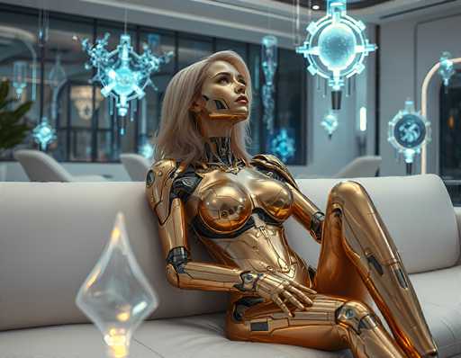 A sleek, golden humanoid robot lounges on a white couch in a futuristic, softly lit space. The art style is highly detailed and digital, emphasizing smooth curves and glowing neon accents. The robot's posture suggests a relaxed pose, while the background hints at a sophisticated, possibly virtual environment.