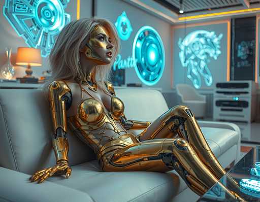 A woman is seated on a white couch with gold metallic legs and arms, wearing a golden bodysuit that has a face painted on it. The background features neon lights and futuristic designs, creating an otherworldly atmosphere.