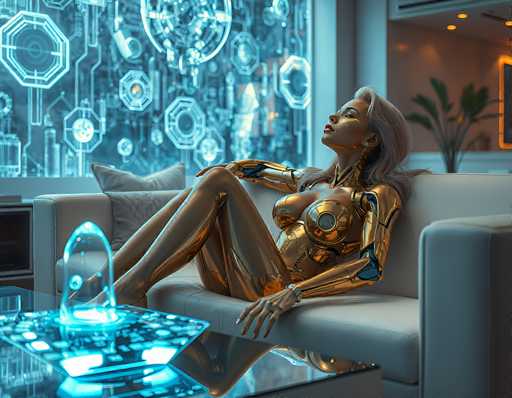 A futuristic, golden android lounges on a sleek white couch in a room bathed in glowing blue neon. The scene is filled with abstract, digital patterns and holographic displays, creating a serene yet technologically advanced atmosphere. The art style is a blend of cyberpunk and digital art, emphasizing smooth lines and vibrant lighting.