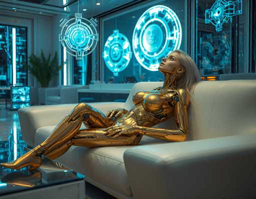 A golden humanoid robot lounges on a sleek white sofa in a futuristic, neon-lit room. The robot has a smooth, polished metallic finish and a serene expression. Its body is detailed with intricate mechanical components, and its long, silver hair flows around its shoulders. The room features large windows displaying a vibrant cityscape with glowing neon signs and holographic displays, creating an immersive, cyberpunk atmosphere. The overall lighting is soft and diffused, highlighting the robot's golden form against the cool blue tones of the background.
