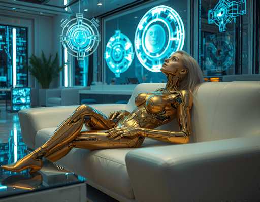 A sleek, golden android lounges on a white couch in a futuristic, neon-lit space. The scene is bathed in cool blue and white tones, with glowing circular displays on the wall adding to the technological ambiance. The android's pose is relaxed, highlighting a blend of advanced technology and serene stillness.